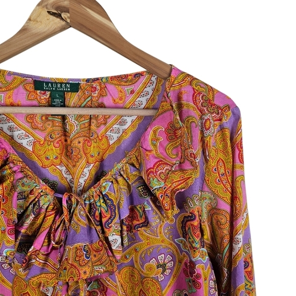Lauren Ralph Lauren Paisley Ruffle Neck Blouse Womens Sz Large Cotton Casual - Picture 8 of 12